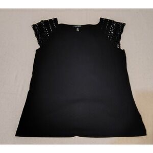Lauren Ralph Lauren Black Crochet‎ Sleeve Top Tunic Size XL Business Career RR